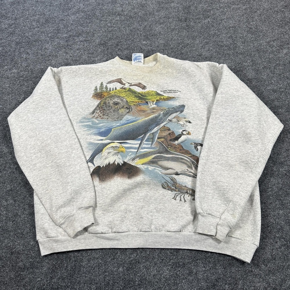 Hanes Sweatshirt Mens 2XL Gray Fleece Pullover Acadia National Park Graphic